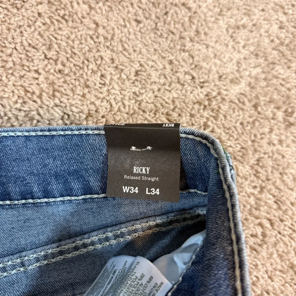 True Religion Ricky Relaxed Straight Mens 34 Blue NEW Big T Flap Jeans 701193